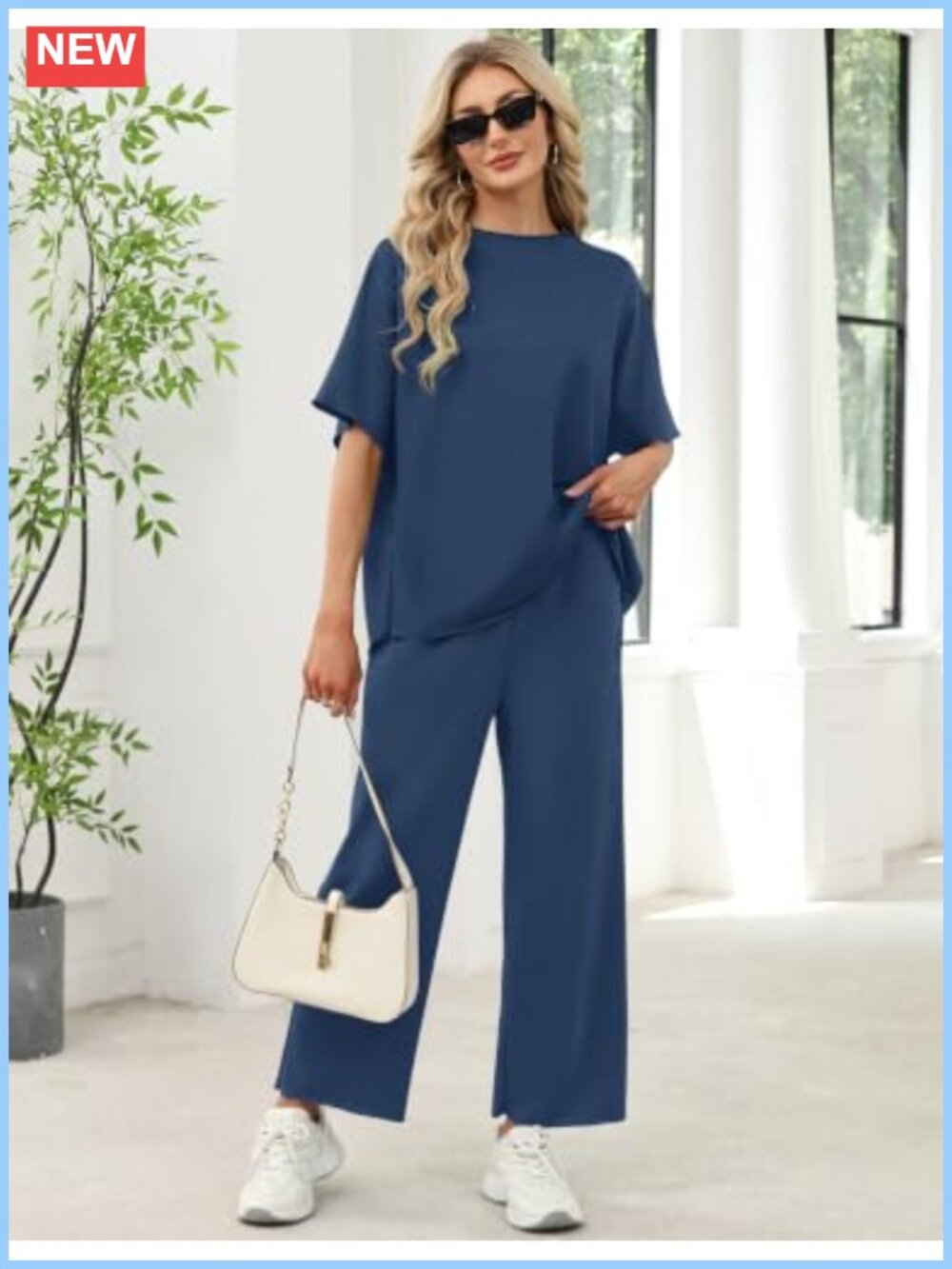 Ivicoer Two Piece Set Crewneck 3/4 Sleeve Top Wide Leg Pants Cotton Polyester - Picture 4 of 6